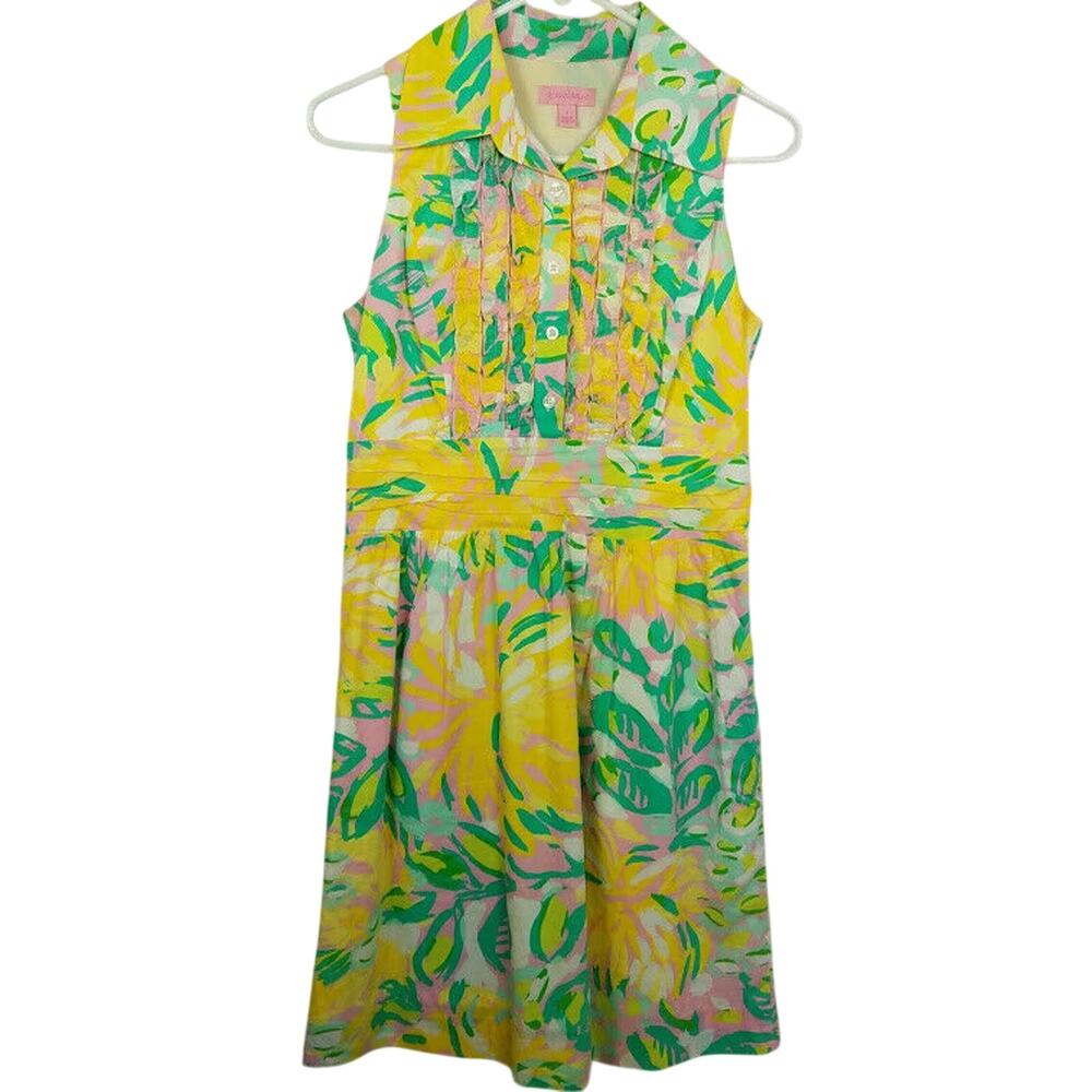 Lilly Pulitzer Pink Lilet Essie Collared Shirt Dress Size 4 Yellow Floral #91363